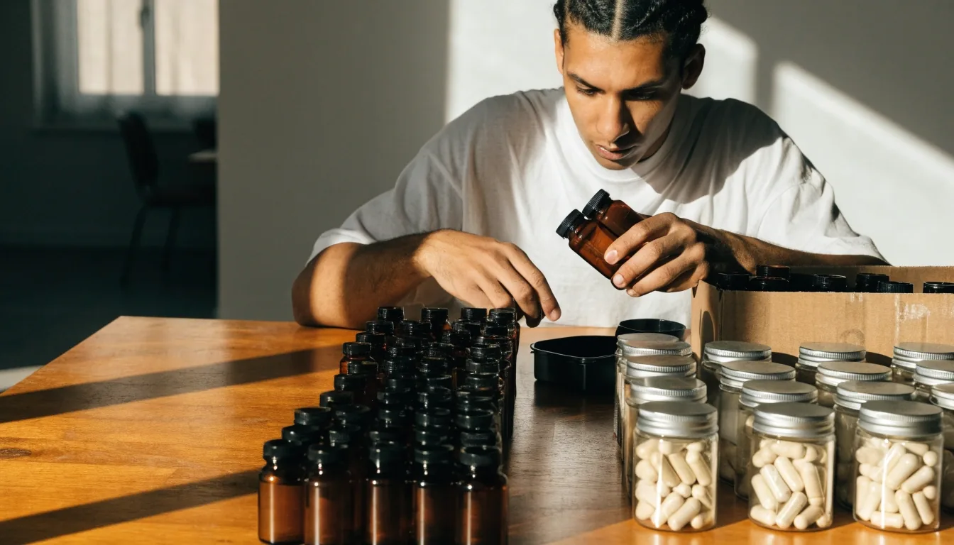 Shelves of unlabelled amber supplement bottles lit by hard morning slat light, a hand placing a matte capsule into a metal compartment tray on the counter below