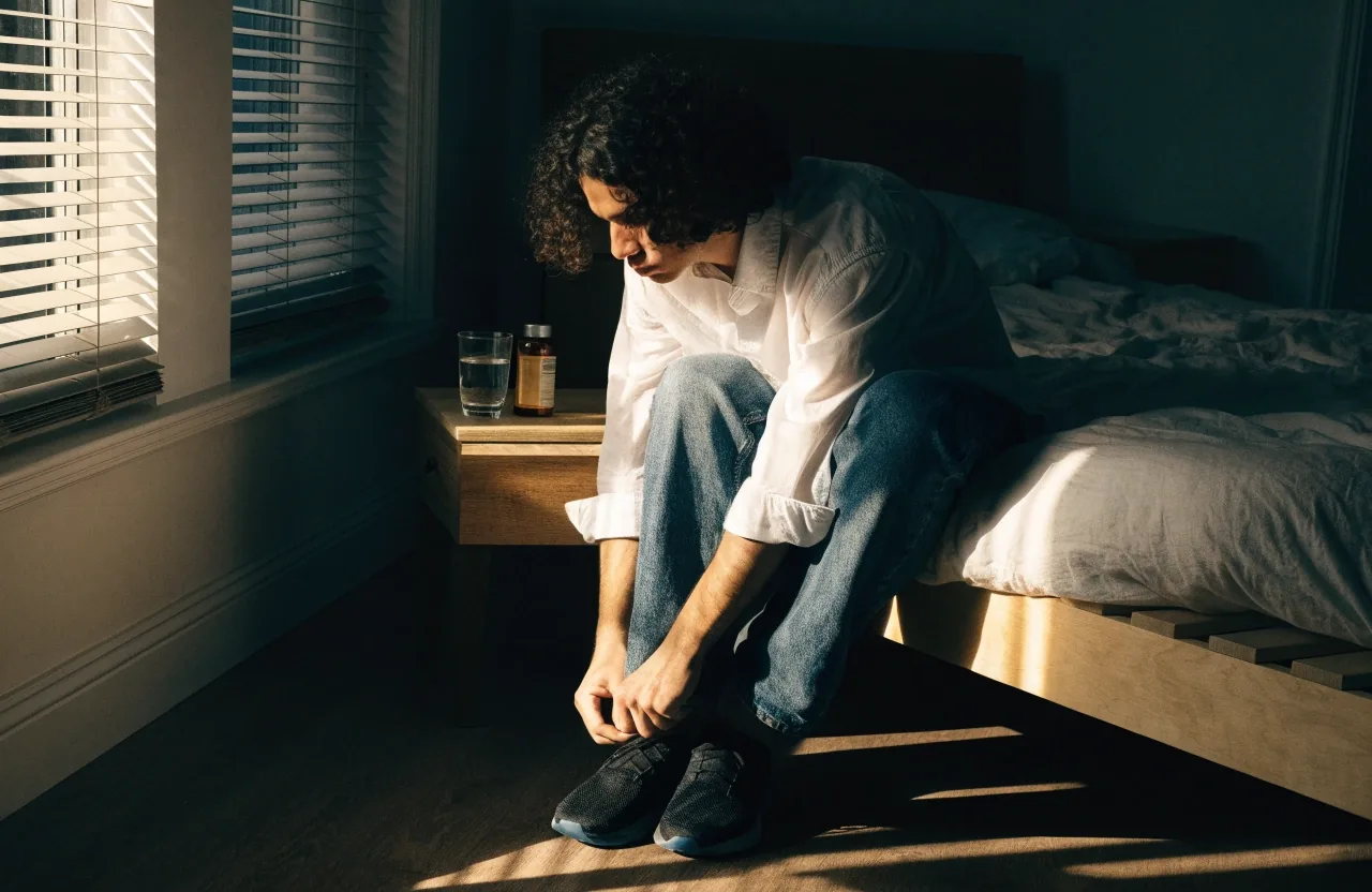 Man in profile in a dark kitchen at morning under slatted light, an unmarked amber bottle on the counter