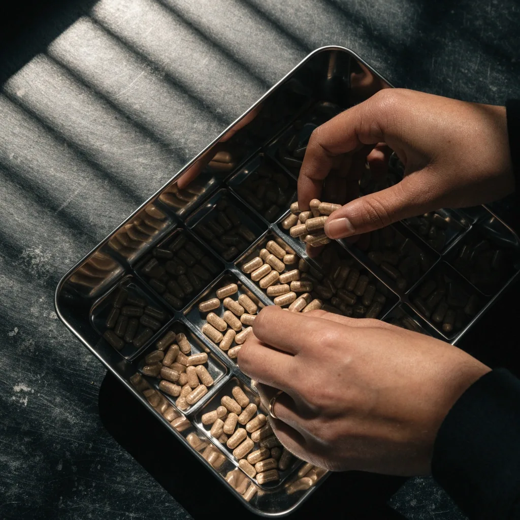 Overhead view of matte capsules separated into cells of a stainless tray under raking light