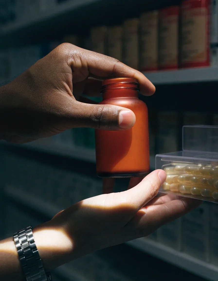 A pharmacy shelf of amber glass bottles lit down one column by hard morning light