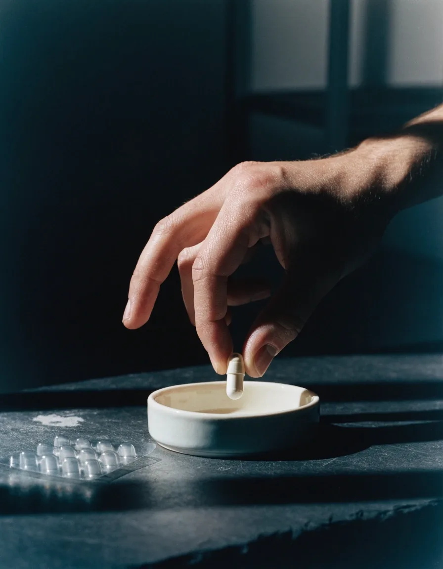 A hand lifting a single capsule from a blister pack beside a turned-over panel on a dark counter