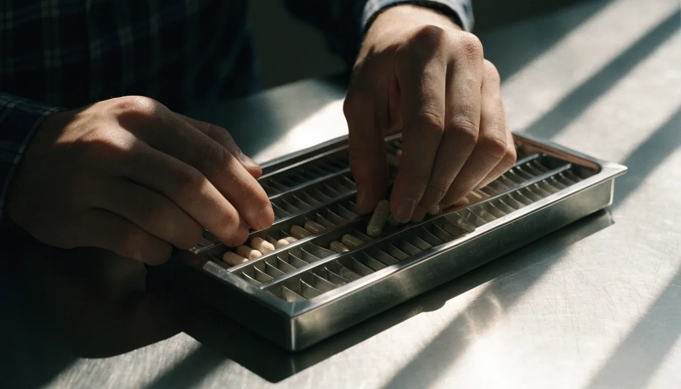 Hands placing capsules into a compartmented dispensing tray under hard morning slat light