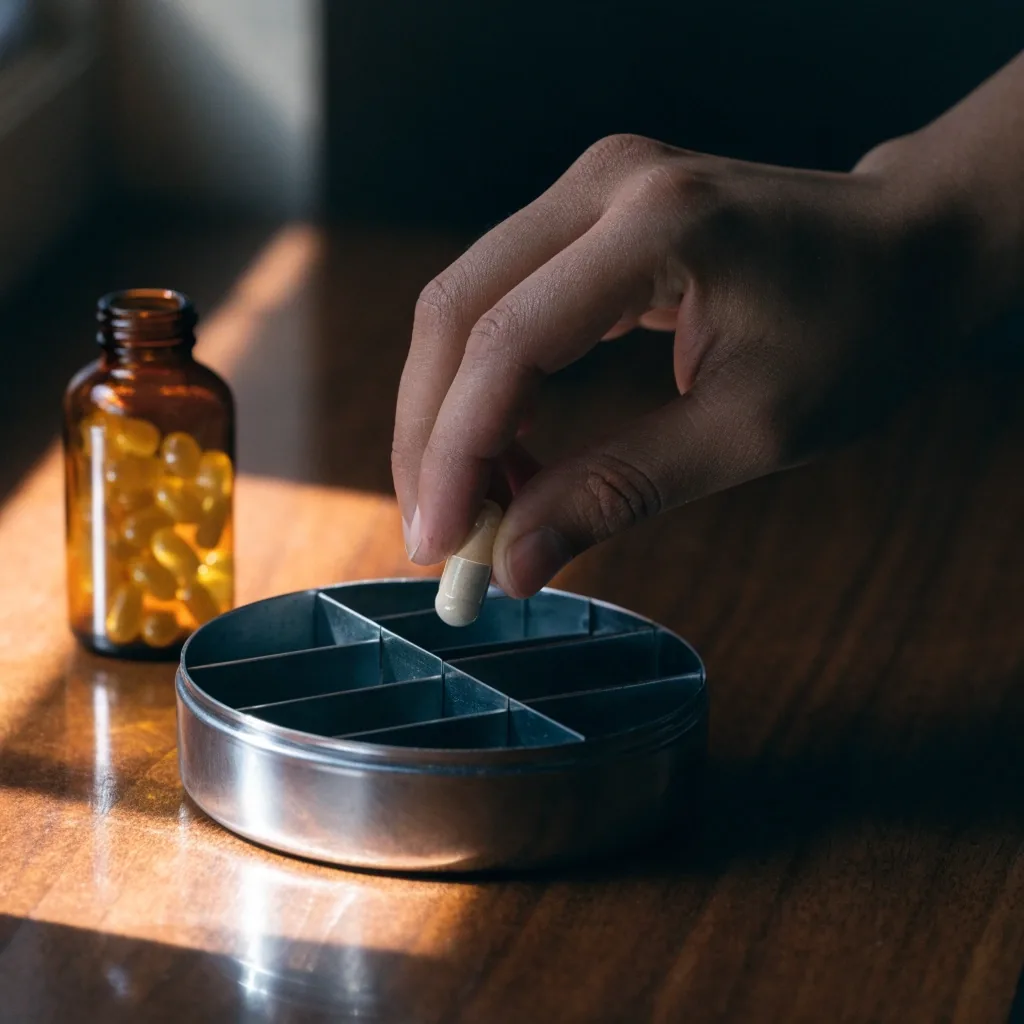 Two matte capsules in adjacent compartments of a tray, one side lit and one in shadow