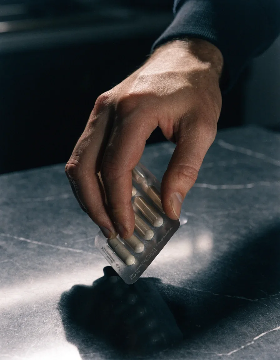 A hand checking a supplement blister pack on a dark counter under hard band-light