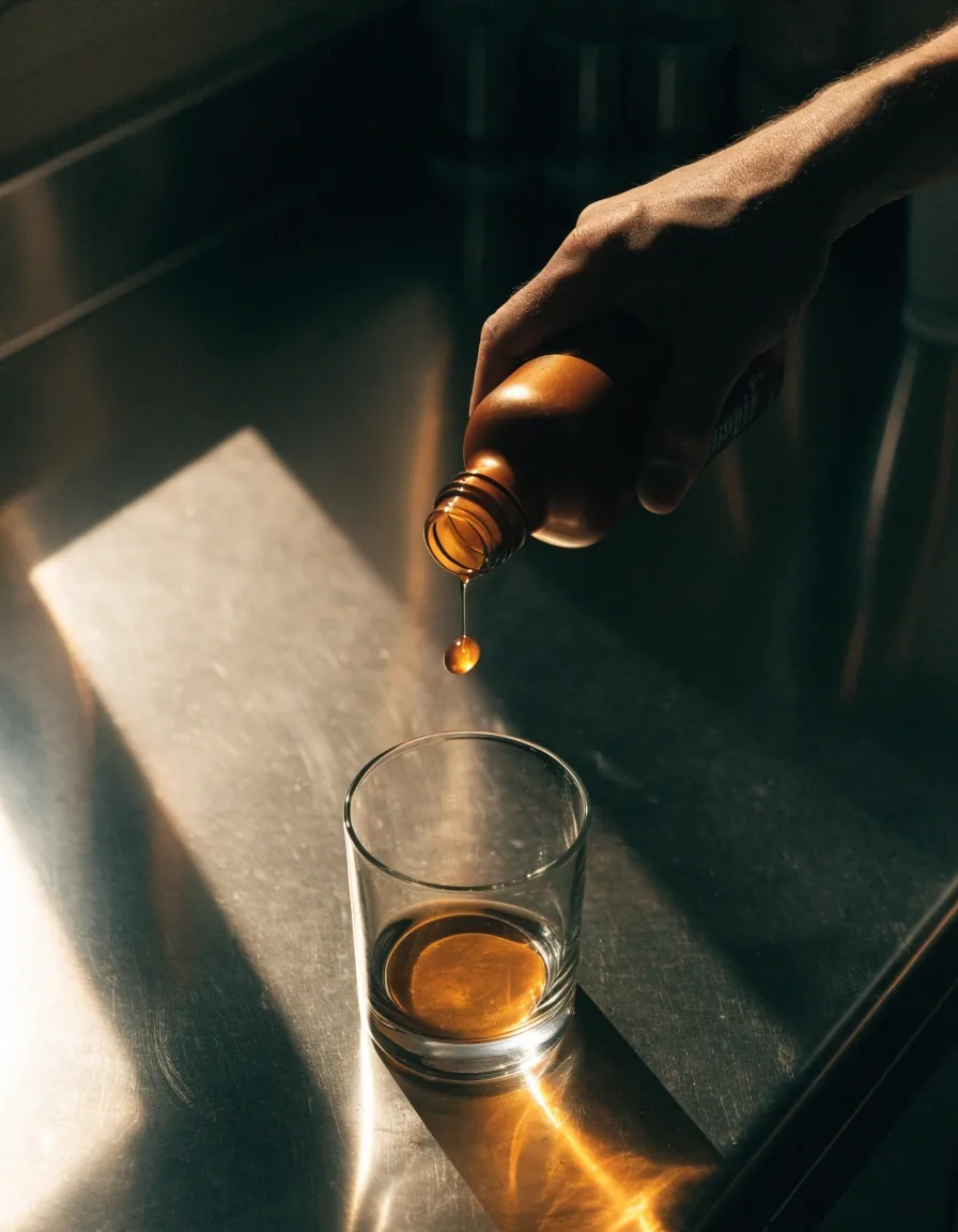 A capsule mid-pour from an unmarked bottle onto a dark counter under angled light