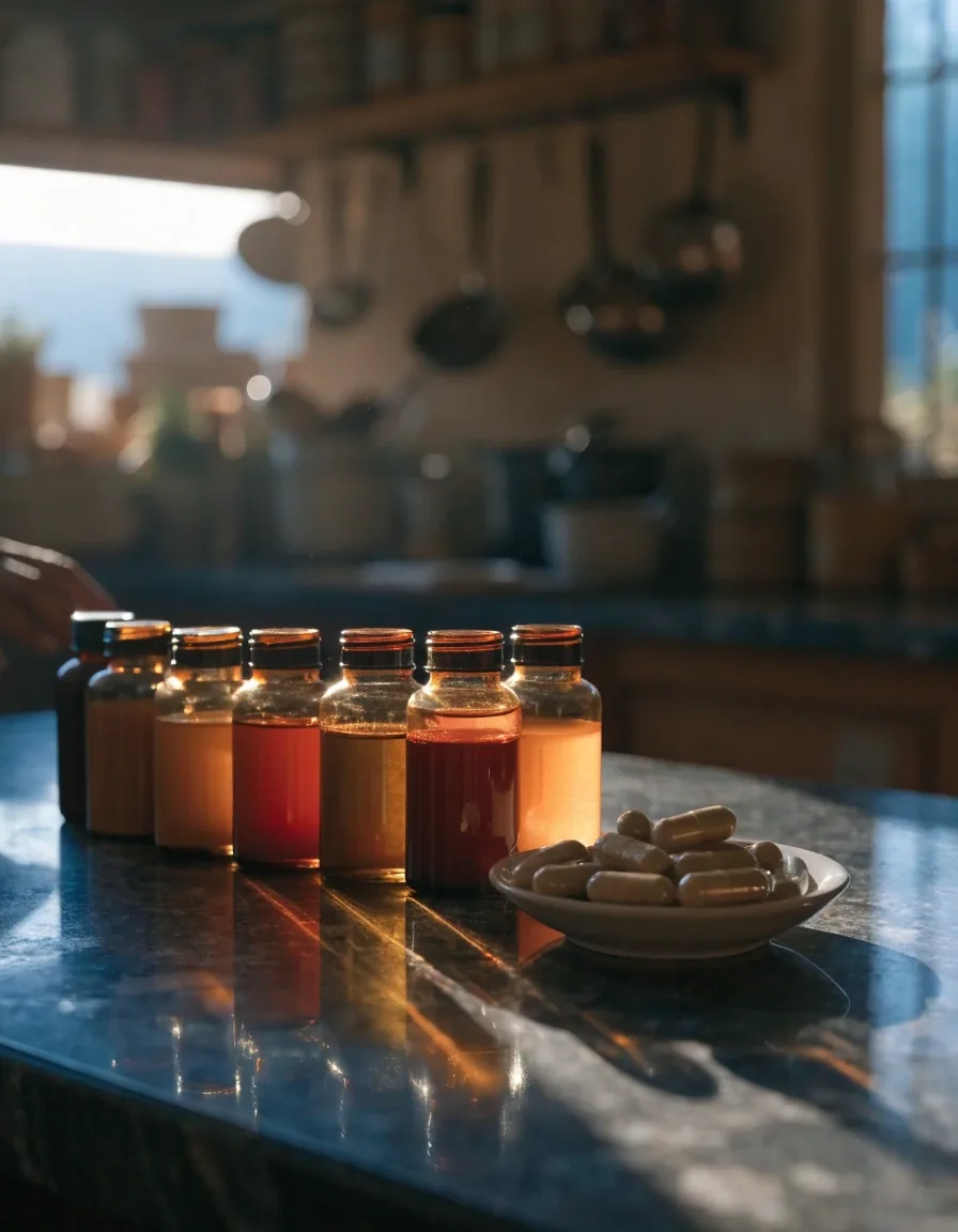 Unlabelled amber glass supplement bottles and capsules lit by a single hard band of light