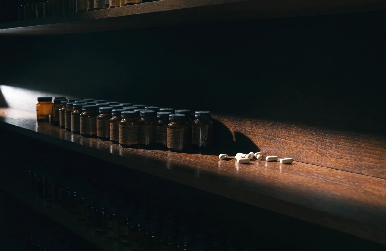 A dark shelf of unlabelled amber bottles and loose capsules lit by a single hard band of light