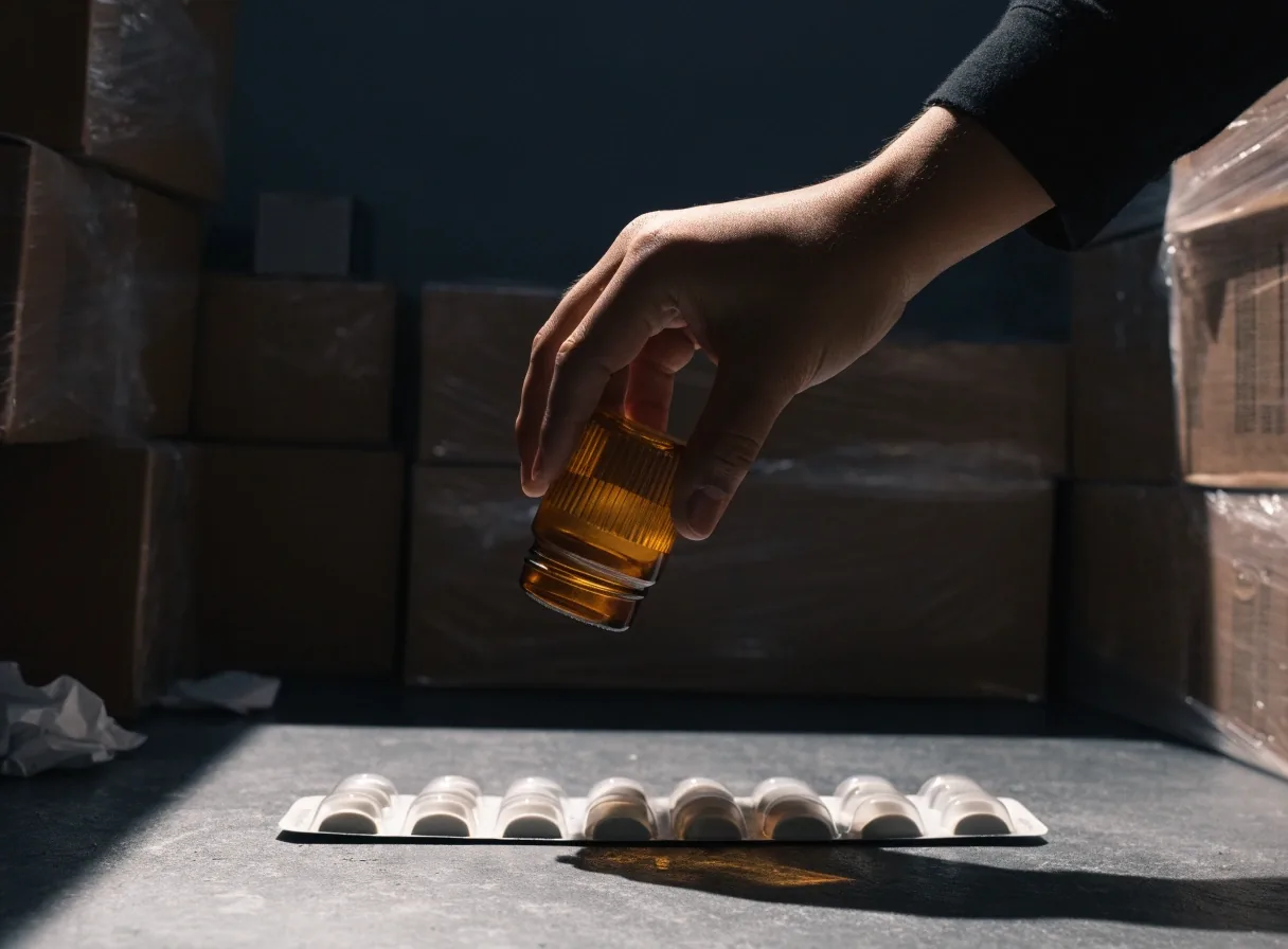 A hand checking a blister pack against a supplement panel under band light
