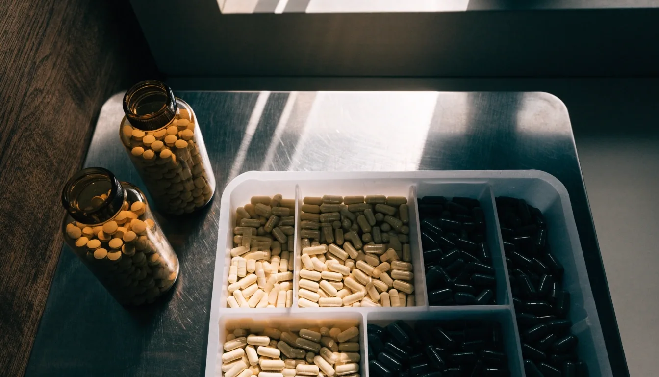Stainless counter with a compartmented tray of capsules under a single band of morning light